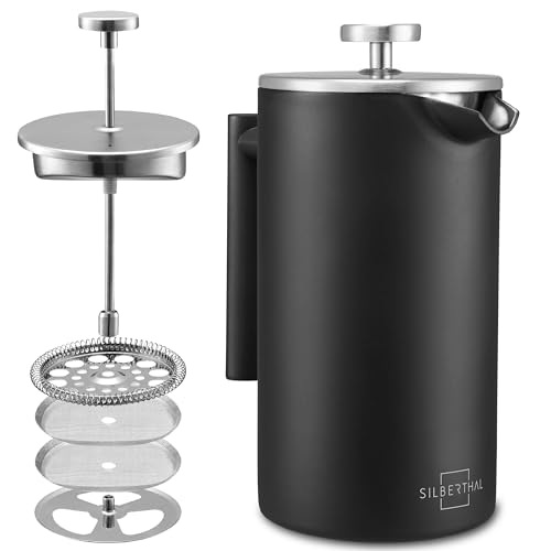 SILBERTHAL Cafetera francesa 1L - Acero inoxidable - Mantiene el café caliente - Cafetera émbolo - French press coffee Negra