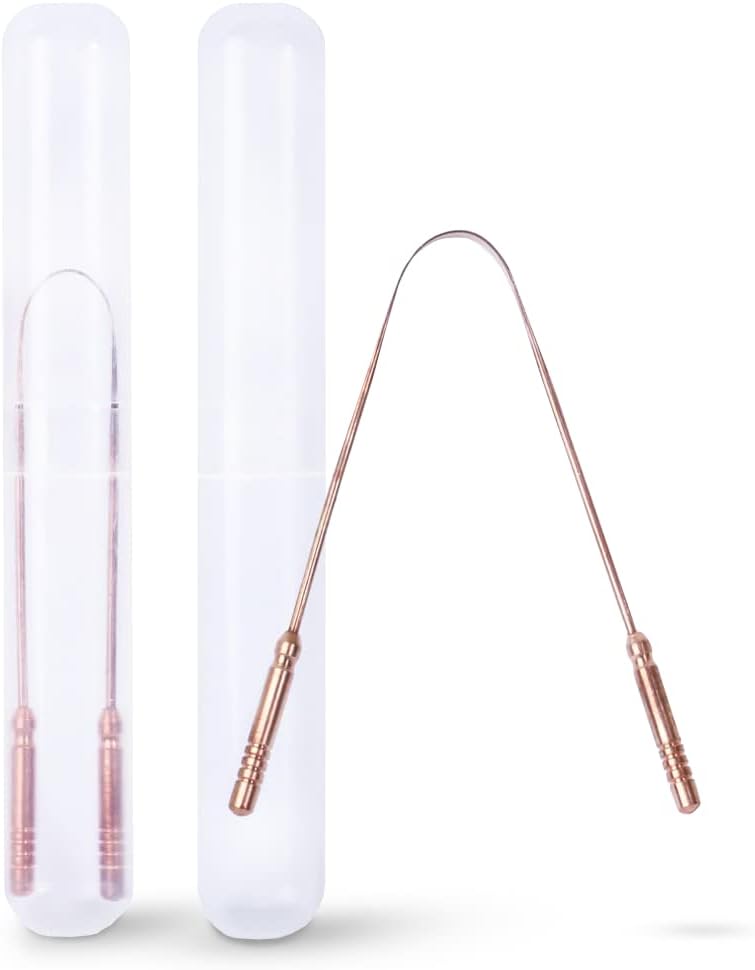 Ozette Copper Tongue Cleaner Scrapper for Adults & Juniors, Pack of 2, 100% Pure Copper with FREE Anti bacterial Cover, Container, Flexible Handle, Oral Dental Hygiene Care, Mouth Cleaner, Made in India