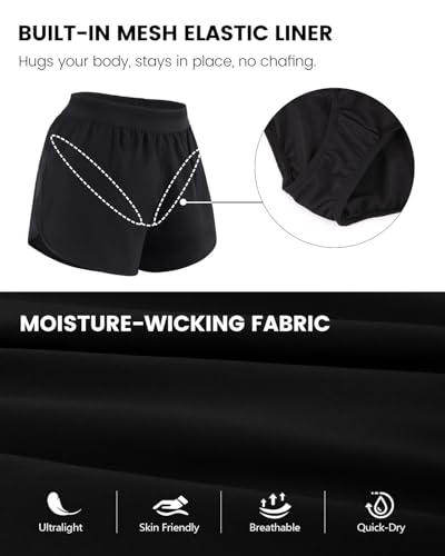 Liloak Womens Athletic Shorts with Mesh Waist 2 in 1 Running Activewear Mid Rise Gym Shorts Pack2
