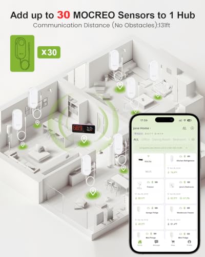 Image of MOCREO WiFi Freezer Thermometer Alarm with Digital Monitor Hub, App and Email Alerts, 2-Year Data Export, No Subscription Fee, 2 Remote Temperature Sensors for Home Refrigerator, Fridge, Freezer