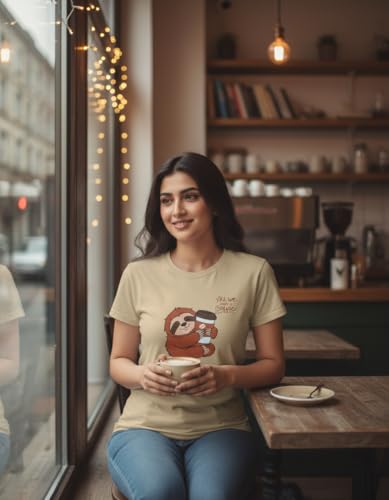 Image of Cute Coffee Sloth Unisex T-Shirt | Regular Fit Round Neck Casual Cotton Tee for Men & Women Sand Beige