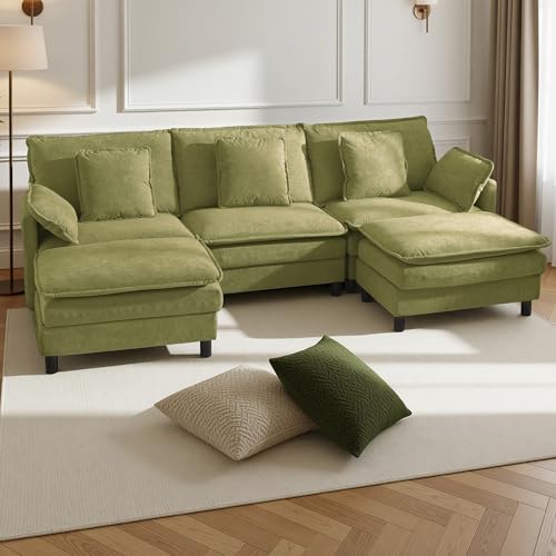 Image of Claiks 110 inch Modular Sectional Sofa, Cloud Couch with Ottoman, U-Shaped 5-Seater Sofa in Chenille Fabric, Deep Seat Comfy Couch with Pillows for Living Room & Offices, Green