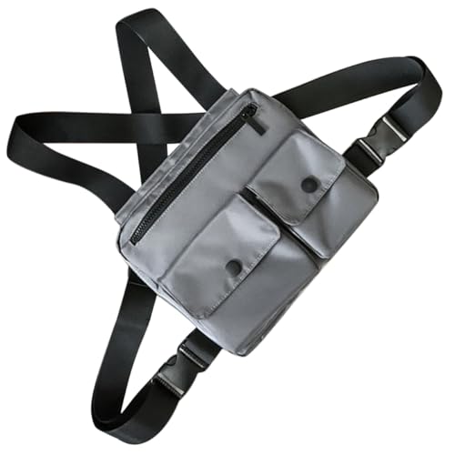 Riñonera de pecho gris claro de nailon con tirantes ajustables y gran capacidad para hombre