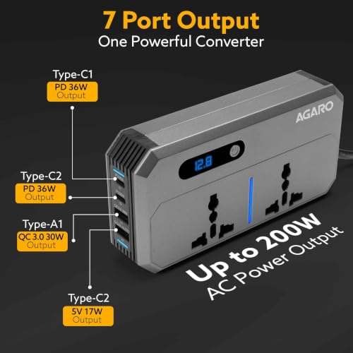 Image of AGARO Elite 200W Car Power Inverter, 7-in-1 Converter with PD36W Type-C, QC3.0 30W USB-A, 2 AC Outlets, Car Outlet, Master Switch & LCD Display for Laptops & Phones