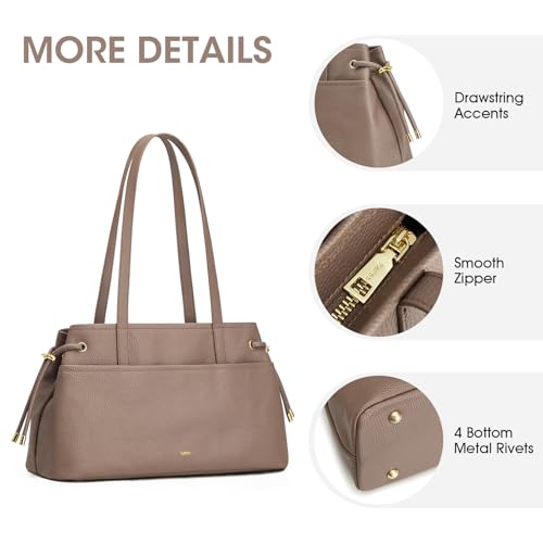 Image of Kattee Stylish Leather Bucket Bag for Women with 2 Detachable Straps | Top grain pebbled leather with drawstring sides, roomy pockets, and space for a 7.9-inch tablet.