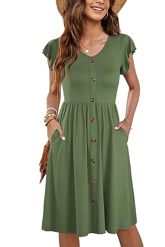 WNEEDU Women Summer Dresses Sleeveless Casual Loose Swing Button Down Midi Dress with Pockets