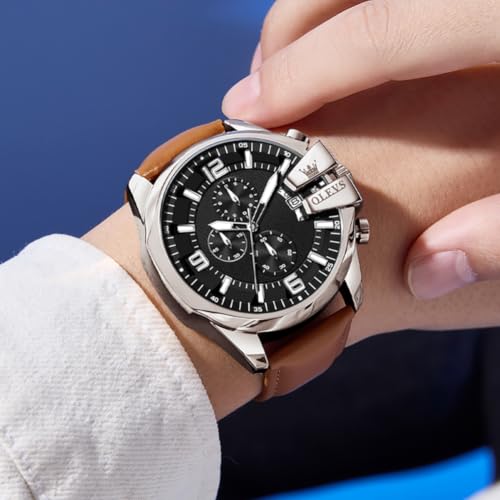 Image of OLEVS Men Watch Big Face Chronograph Waterproof Leather Strap Fashion Watch