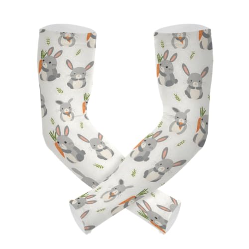 ALAZA Rabbit Holding Carrot Gray Gardening Sleeves Cooling Arm Sleeves Sun Protection Thumb Hole Arm Covers for Women Men
