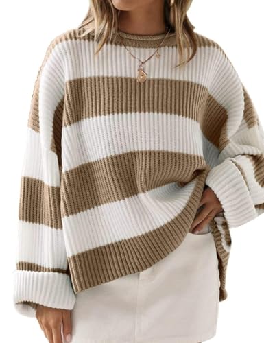 Image of ZESICA Women's 2025 Fall Long Sleeve Oversized Striped Color Block Comfy Loose Crew Neck Knitted Pullover Sweater