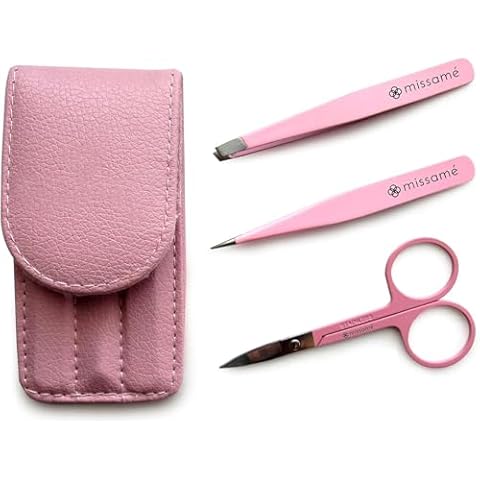 Precision Stainless Steel Eyebrow Tweezers Set In Pointed And Slanted Tip, Curved Brow Scissors, Comes With Pink Travel Case Cover