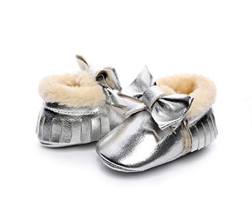 Bebila Baby Moccasins for Girls Boys - Warm Winter Anti-Slip Soft Sole Fur Slippers for Newborn Tassel Bow Trimmed Infant Shoes Cute Toddler Booties (12-18 Months, Silver)