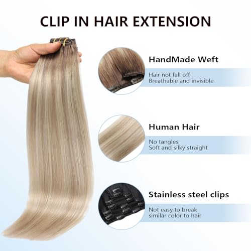 Image of COOKAYU Clip in Hair Extensions Real Human Hair, 8 /60 /18 Ombre Real Hair Extensions Clip in Human Hair, Thick Silky Straight, 14inch 120g 7Pcs