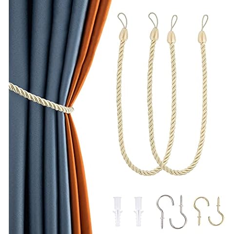 NANAOUS Curtain Tiebacks, Rope Tie Backs for Curtains 2 Pack, Decorative Handmade Curtain Holdbacks with 2 Metal Screw Hooks for Home Bedroom Office (Gold) Cover