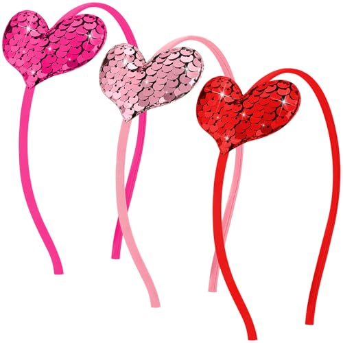 Thiccywoov 3 Pcs Valentine's Day Heart Headband Red Pink Heart Glitter Sequin Hairbands Red Pink Glitter Sequin Hairbands for Wedding Women Party Supplies Gift