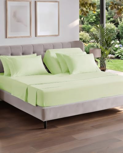 Image of Flex Top Split Head King 6 Piece Piece Sheet Set - Comfy Breathable & Cooling - Soft Hotel Luxury Bedding Set with 8-16 Inch Deep Pockets - 1 Flat & 1 Fitted Sheet & Pillowcases - Light Sage Green