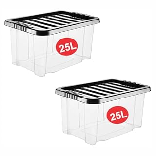 RelianceUK 25L Plastic Storage Boxes with Black Lids (25 Litre / 2 Pack) | Stackable, Durable and Clear Storage Containers, BPA Free Storage Box for Home Office Kitchen
