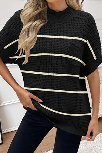 Image of Women 2026 Sweater Vest Mock Neck Batwing Short Sleeve Oversized Ribbed Knit Tops Fall Pullover Sweater S-XXL