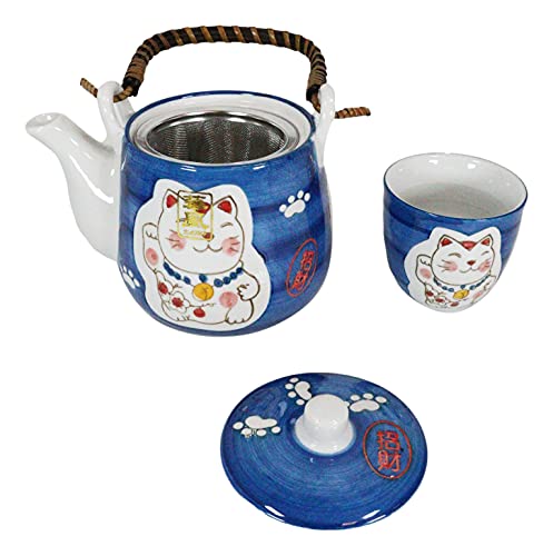Japanese Design Maneki Neko Lucky Cat Black Ceramic Tea Pot And Cups Set Serves 4 Beautifully Packaged In Gift Box Excellent Home Decor Asian (Blue Maneki Neko Set) #TOP2