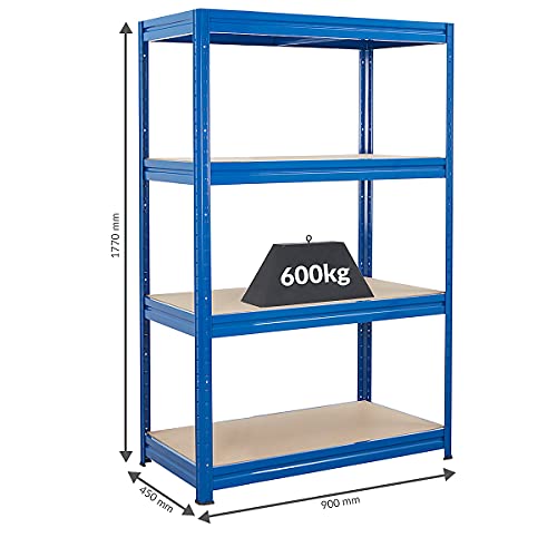 Certeo Stabiles Schwerlastregal | Tragkraft bis zu 600 kg pro Fachboden | HxBxT 1770 x 900 x 450 mm | Kellerregal… – Bild 3