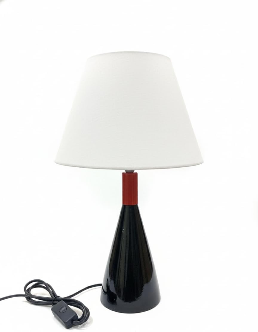 Table Lamp with White Shade, Black and Red Ceramic Base, Decorative Lighting