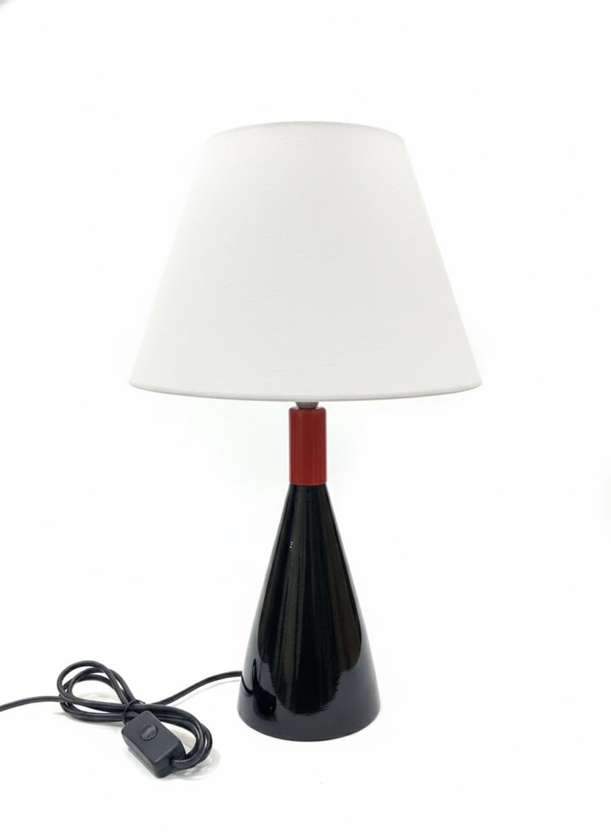 Table Lamp with White Shade, Black and Red Ceramic Base, Decorative Lighting
