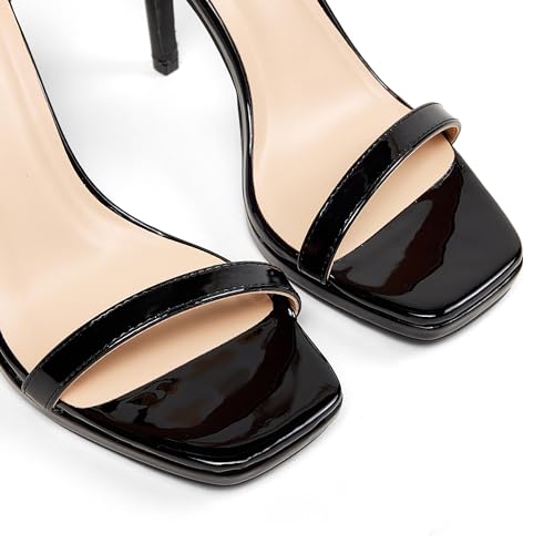 Elisabet Tang Women'S 4.3 Inch High Heeled Sandals Strappy Stiletto Open Square Toe Heel With Ankle Strap At Wedding Party Prom Work Dating Black Patent Size 8 Dressy thumb #3