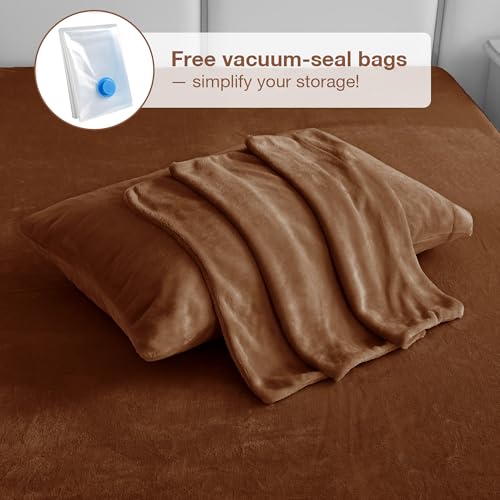 Image of Viviland Microfleece Full Bed Sheet Set, Brown | Soft Flannel-like Fleece, 100% Polyester, Fluffy Velvety Feel, 200GSM, 15 inch Deep Pocket, Warm Winter Gift & Decor
