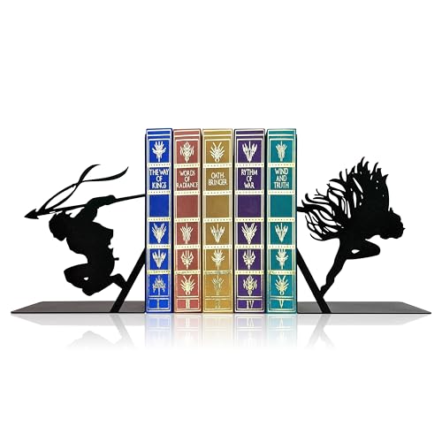 Vin & Kaladin-Inspired Metal Bookends - Dynamic Silhouette Design for Bookshelves and Fantasy Collections, Durable Decorative Gift for Epic Fantasy Fans