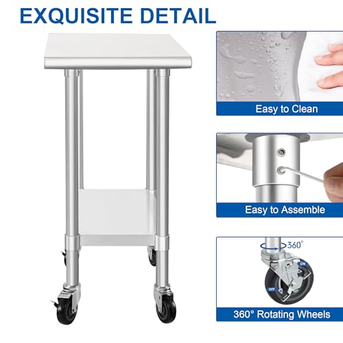 Image of HARDURA Stainless Steel Commercial Table Prep & Work Table with Casters Heavy Duty Metal Table with Wheels NSF 430 30x18 Inches
