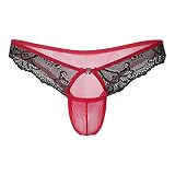 FGHSFRT Men Sexy Underwear Lace Low Rise Briefs T-Back Thongs Sissy Panties Intimate Lingeries Red