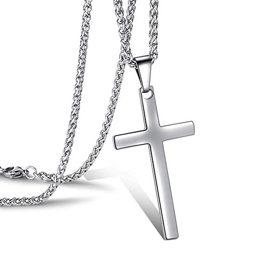AMZSUPER ERA Cruz Cadena de acero inoxidable Cruz Colgante Regalo de bautizo Plata Cadena para Hombre Mujer con 60 cm de Religiöser joyas Christliche Halskette