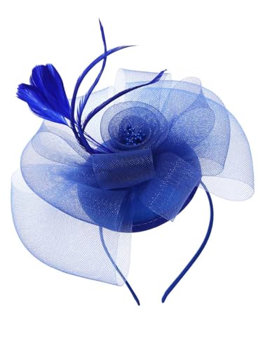 IYOU Sposa Matrimonio Fascinator Cappelli Blu Reale Fiocco Fiore Copricapo con Clip Piuma Cocktail Tè Party Accessori Capelli per Donne