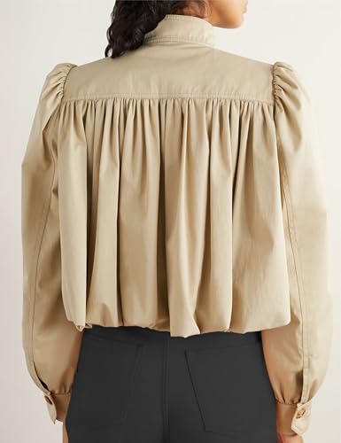 Womens Cropped Pleated Jacket Puff Long Sleeve Button Down Trench Coat Casual Outwear with Pockets2