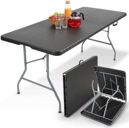 Arebos Gartentisch Klappbar Wetterfest Rattan Optik Schwarz | 182x74 cm | Campingtisch Klapptisch 8 Personen | Buffettisch Partytisch mit Tragegriff | Garten Terrasse