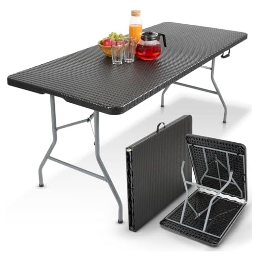 AREBOS Table de Buffet Pliable 182 x 74 x 74 cm en Aspect rotin Résistant aux intempéries | Table Pliante pour Jardin terrasse et Balcon | 8 Personnes | Table de Camping avec poignée