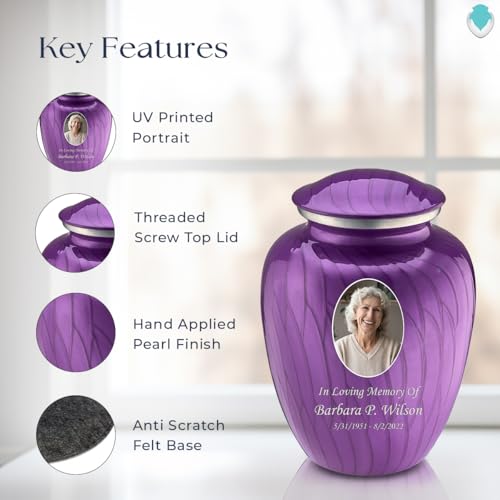 Image of Geturns - Adult Cremation Urns for Human Ashes I Large Pearl Purple Photo Funeral Urn for Female and Male I 200 lbs
