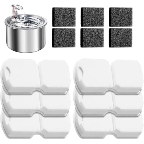 Fontaine à Eau pour Chat en Acier Inoxydable avec 12 Filtres,Filtre à Eau Anti-Impuretés et Adoucissant,Lot de 6 Filtres à Charbon Actif + 6 Pré-Filtres...