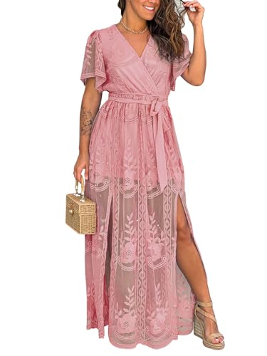 Image of LRTSES Womens Pink Wrap V Neck Floral Embroidered Lace Wedding Dress Short Sleeve Belted Bridesmaid Cocktail Party Maxi Dress