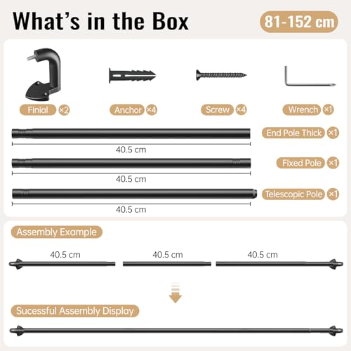 DEFYNEE Gardinenstange Schwarz mit gebogenem Design, Länge 81–152 cm，Ausziehbar, Ø 19 mm Mehrteilige Vorhangstange mit Teleskopsegment, Wrap Around Design für bessere Verdunkelung für Innenbereich