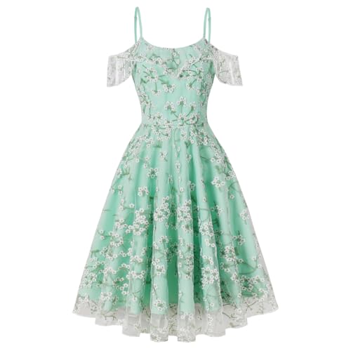 Amazon.com: Spaghetti Strap Embroidered Floral Dress for Women Spring  Garden Wedding Guest Dress Ruffle Sleeveless Semi Formal Flower Embroidery  Tulle Prom Dress Short High Tea Party Cocktail Dress Green M : Clothing,