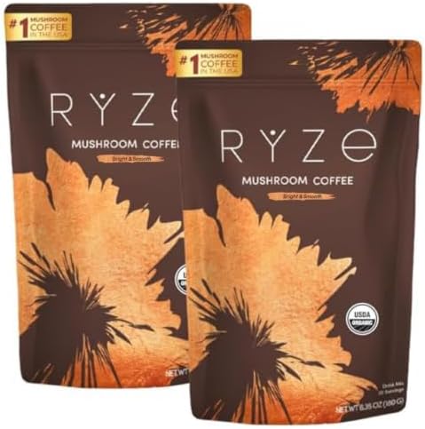 RYZE SUPERFOODS Kit de inicio de café tostado medio de hongos, café instantáneo orgánico USDA con 6 hongos adaptogénicos y para energía,
