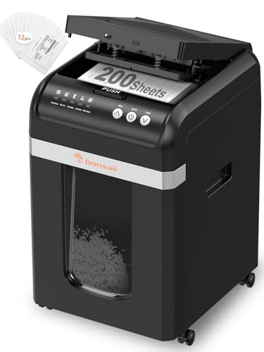 Bonsaii Destructeur de Documents Auto Feed 200 Feuilles, 60 Min de Fonctionnement, Micro-Coupe P-4, Bac 31L, Mode Manuel pour Cartes de Crédit, Silencieux &...