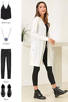 MessBebe Gebreid damesvest met lange mouwen, open voorkant, dun, licht, casual, lente, wit, S