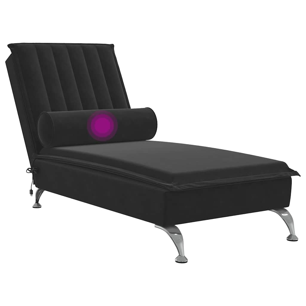Fotel do masażu z rolką pod kark, czarny aksamit, leżak z funkcją masażu USB, listwami ze sklejki i chromowanymi metalowymi nogami, leżak relaksacyjny do salonu, biura, pokoju gościnnego