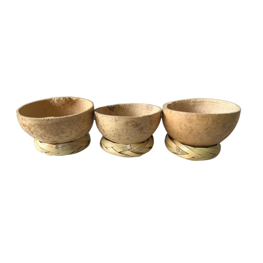 EMPORION Mezcal Jicaras Set of 3 Hand-carved Artisan Copitas from Mexico with Natural Fiber Carrizo Base for Mezcal and Tequila (2 Oz), Brown