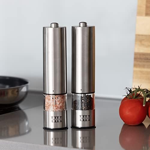 HØNE HOUSE Modern Stainless Steel Electric Salt & Pepper Mill Set, One Touch, Long Lasting, Adjustable Grind, Easy Refill, Built in Light, for Spices, Seasonings, Removable Base Cap, Twist Lock Base