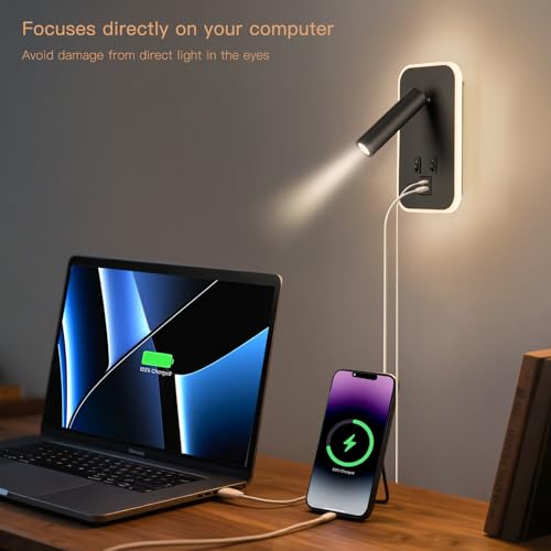 Image of Bed Reading Light, Wall Mounted Reading Fixture with USB C+A Ports, Adjustable Headboard Sconces, Plug-in or Hardwired Bedside Lamp, Modern Black 10W+3W 3000K Warm Ambient lighting for Bedroom