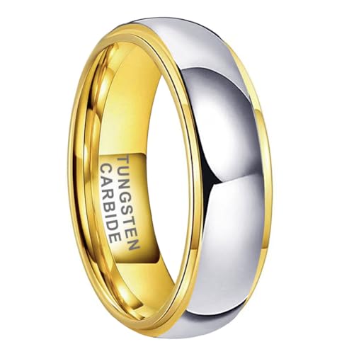 TUTISS 6mm Gold Tungsten Rings for Men Women Couple Fashion Jewelry Engagement Wedding Bands Domed Stepped Edges Polished Shiny Comfort Fit Size 9