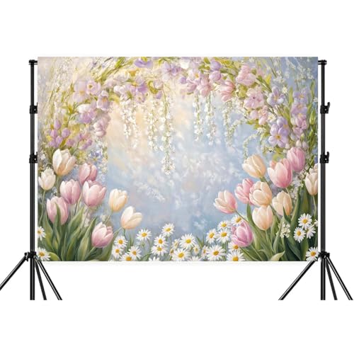 Wathon Spring Tulips Daisies Backdrop Watercolor Flower Arch Photo Backdrop Pastel Party Decorations Banner Birthday Photo Background Booth Studio Video Props 15X10FT