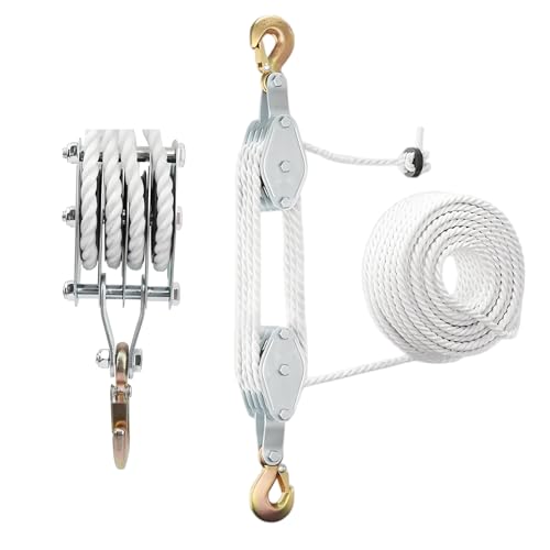 Schwerlast Flaschenzug mit 20m Nylon: Flaschenzug 4400 LB Tragkraft Manuelle Hubseile 8:1 Arbeitssparender Flaschenzug Hochleistungs-Seilzug für Garagen Lagerhallen (1, silber)